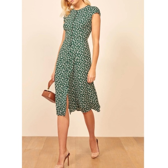 Reformation yellow black floral cap sleeve midi dress NEW - Picture 4 of 14